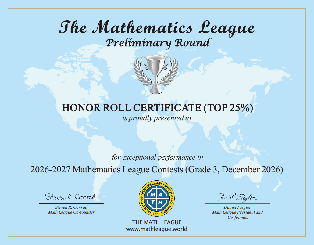 Grade 3 Honor Roll Certificate (Top 25%)